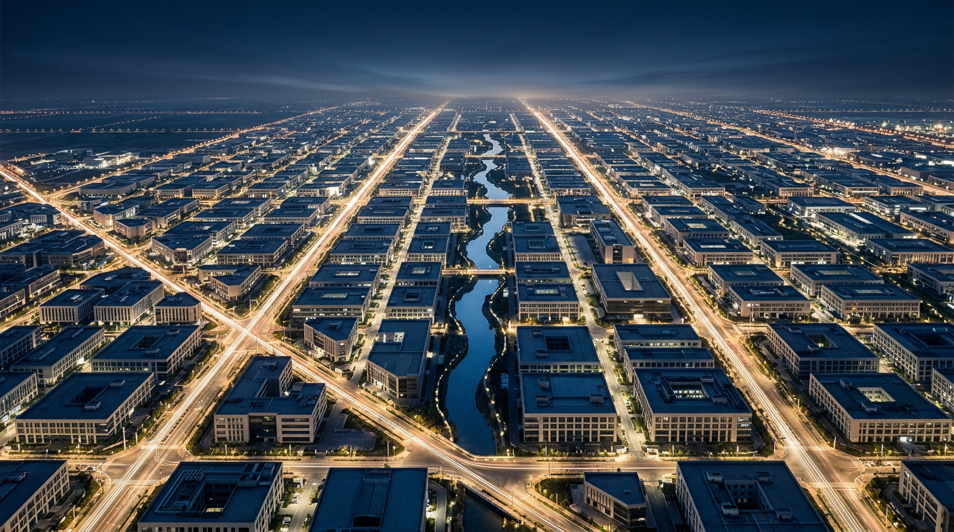 Aerial view of an ordered commercial trade district at dusk