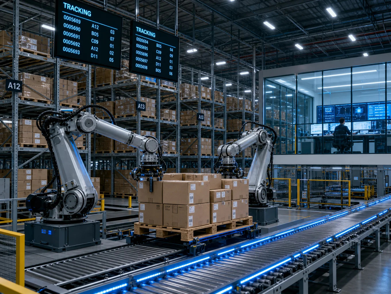 High-bay logistics warehouse with automated sorting lines and pallet racking