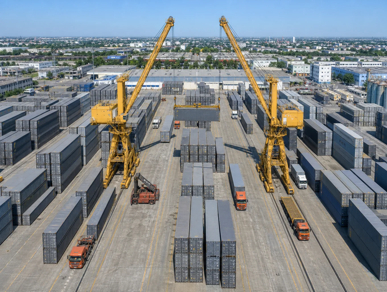 Modern global freight logistics terminal and shipping containers