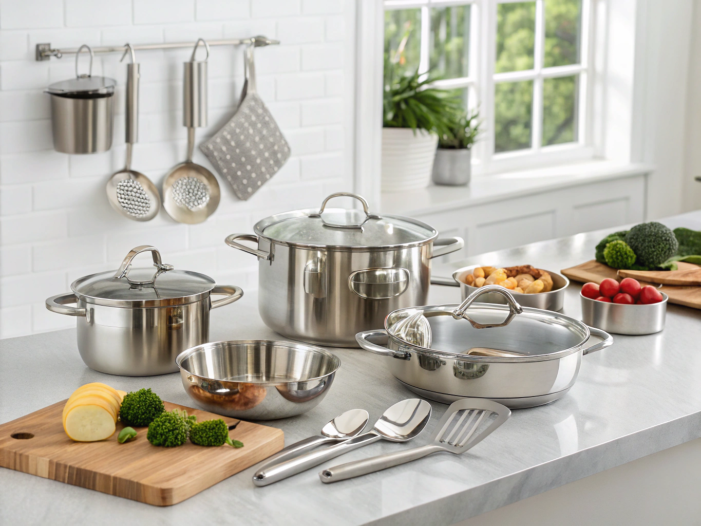 Premium stainless steel cookware and modern tabletop collection in an organized distribution facility