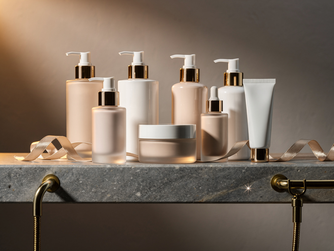Luxury skincare serums and botanical personal care bottles neatly aligned for wholesale staging